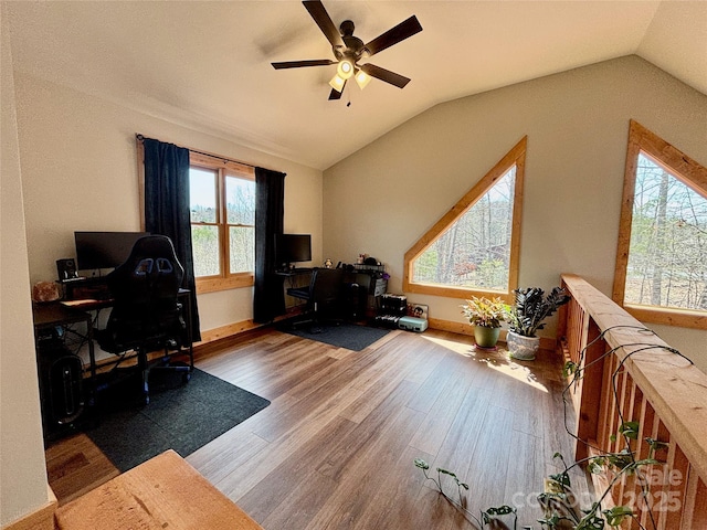 522 Woodgate Dr, Bostic, NC 28018 - office with wood finished floors, a ceiling fan, lofted ceiling, and baseboards