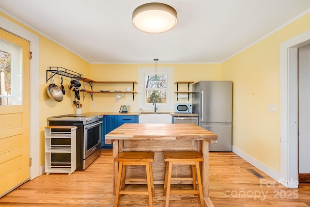 323 Emma Rd, Asheville, NC 28806 - kitchen with blue cabinetry, crown molding, a sink, light wood-style floors, and appliances with stainless steel finishes