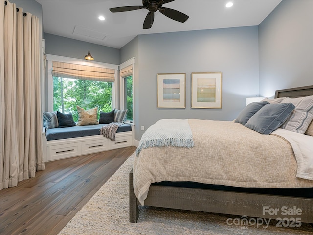 bedroom with recessed lighting, a ceiling fan, and wood finished floors