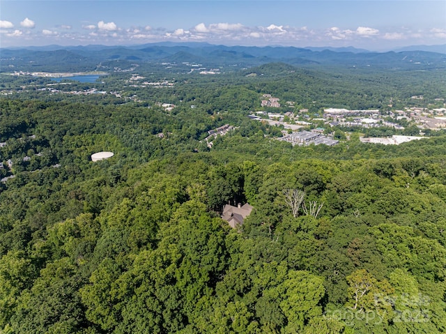 aerial view with a mountain view and a wooded view