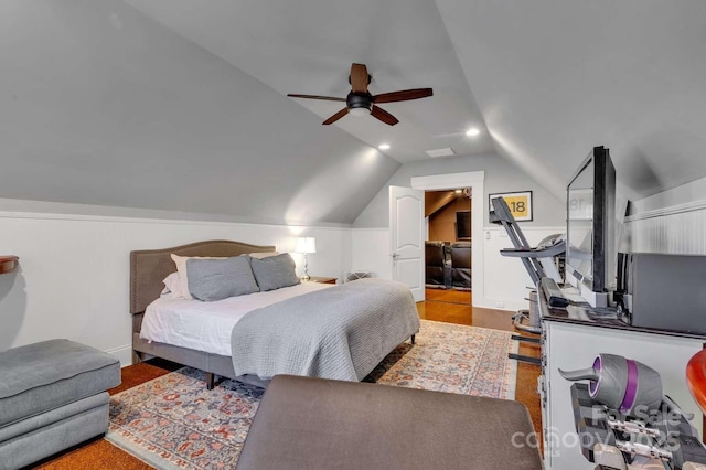 bedroom with lofted ceiling, recessed lighting, and ceiling fan