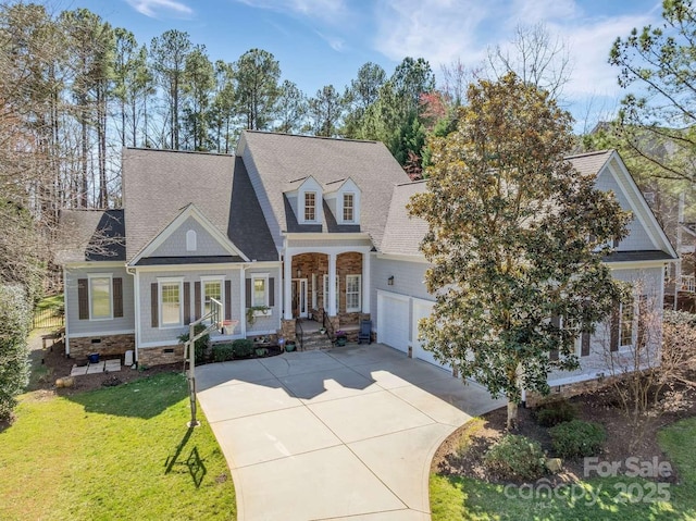 4536 Rustling Woods Dr, Denver, NC 28037 - new england style home with driveway, covered porch, a front lawn, crawl space, and a shingled roof