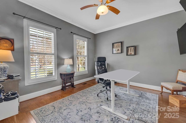 4536 Rustling Woods Dr, Denver, NC 28037 - office with a ceiling fan, crown molding, baseboards, and wood finished floors