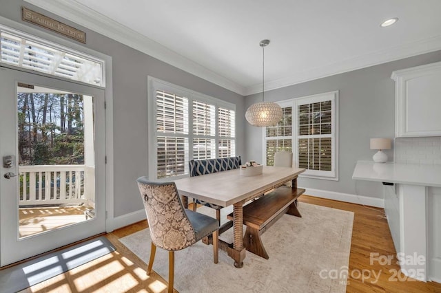 4536 Rustling Woods Dr, Denver, NC 28037 - dining area with ornamental molding, light wood-style flooring, baseboards, and recessed lighting