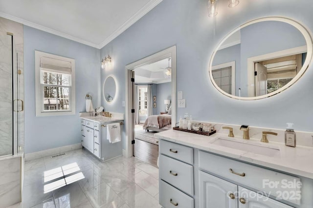 4536 Rustling Woods Dr, Denver, NC 28037 - ensuite bathroom featuring plenty of natural light, crown molding, marble finish floors, two vanities, and a stall shower