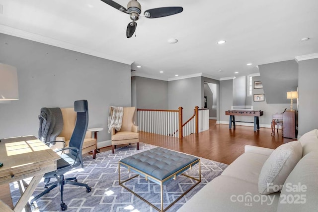 4536 Rustling Woods Dr, Denver, NC 28037 - home office featuring ornamental molding, recessed lighting, a ceiling fan, wood finished floors, and baseboards