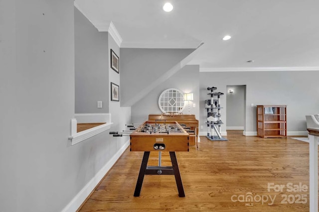 4536 Rustling Woods Dr, Denver, NC 28037 - recreation room featuring crown molding, baseboards, wood finished floors, and recessed lighting