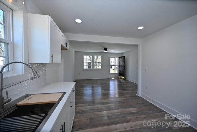 621 Cauthen St, Rock Hill, SC 29730 - kitchen featuring a sink, white cabinets, dark wood-style flooring, recessed lighting, and decorative backsplash