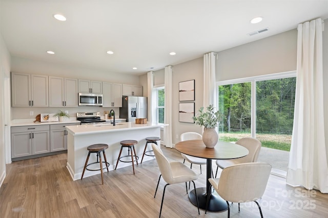 kitchen with an island with sink, appliances with stainless steel finishes, a sink, gray cabinetry, and visible vents