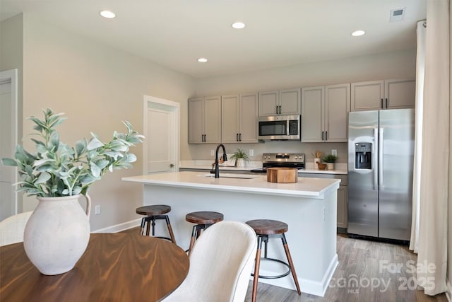 kitchen featuring light wood finished floors, stainless steel appliances, a sink, gray cabinetry, and light countertops
