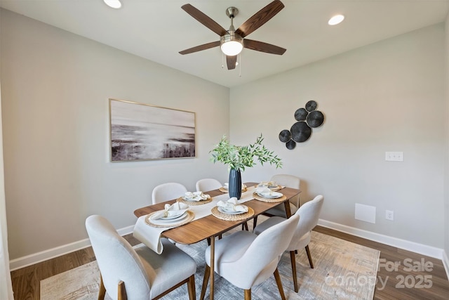 dining area with recessed lighting, wood finished floors, baseboards, and ceiling fan