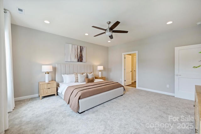 bedroom with recessed lighting, carpet flooring, baseboards, and a ceiling fan