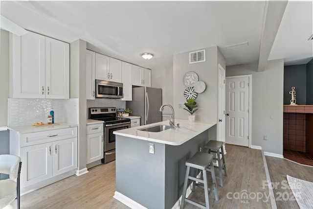 419 W 8th St, Charlotte, NC 28202 - kitchen with light wood finished floors, visible vents, a kitchen bar, appliances with stainless steel finishes, and a sink