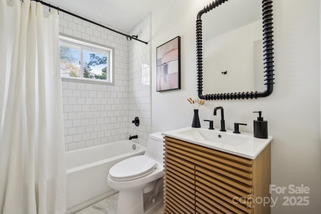1749 Archdale Dr, Charlotte, NC 28210 - bathroom featuring shower / tub combo with curtain, vanity, and marble look tiles