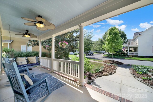 view of patio / terrace featuring a porch and a ceiling fan