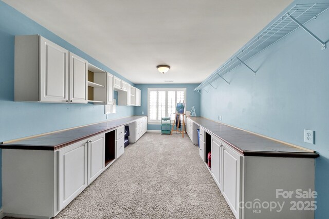 interior space with white cabinets, open shelves, and light carpet