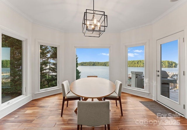 102 Stone Point Ct, Mooresville, NC 28117 - sunroom / solarium featuring a water view, a notable chandelier, ornamental molding, and wood finished floors