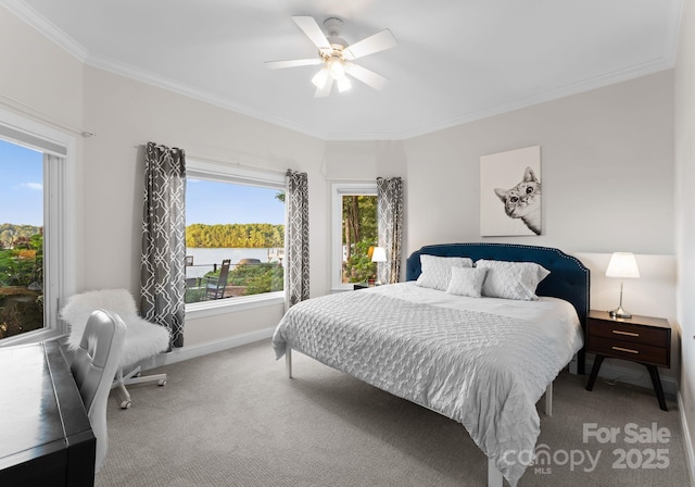 102 Stone Point Ct, Mooresville, NC 28117 - bedroom featuring baseboards, a water view, ornamental molding, ceiling fan, and carpet floors
