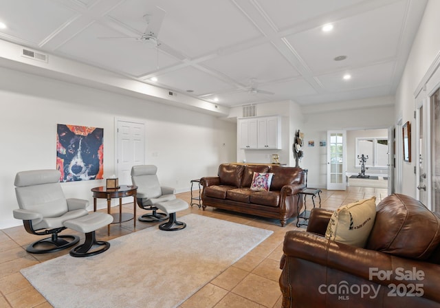 102 Stone Point Ct, Mooresville, NC 28117 - living area with visible vents, a ceiling fan, and coffered ceiling