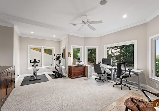 102 Stone Point Ct, Mooresville, NC 28117 - carpeted office with crown molding, a wealth of natural light, a ceiling fan, and baseboards