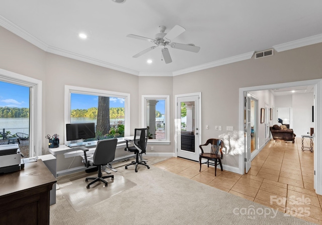 102 Stone Point Ct, Mooresville, NC 28117 - office area with visible vents, baseboards, ornamental molding, ceiling fan, and recessed lighting