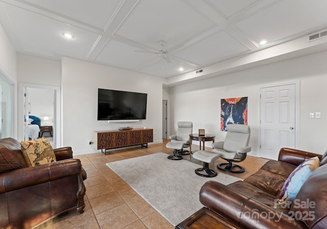 102 Stone Point Ct, Mooresville, NC 28117 - living room featuring ceiling fan, light tile patterned floors, visible vents, recessed lighting, and coffered ceiling