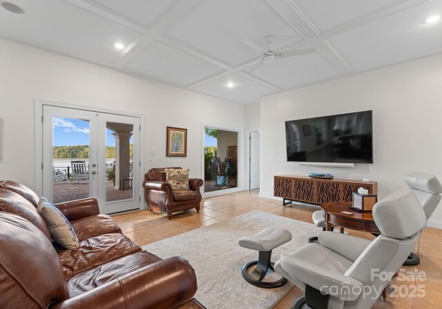 102 Stone Point Ct, Mooresville, NC 28117 - tiled living room featuring a ceiling fan, recessed lighting, coffered ceiling, french doors, and baseboards