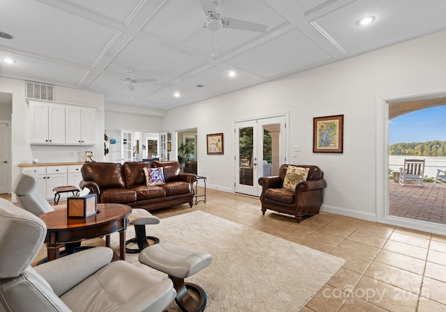 102 Stone Point Ct, Mooresville, NC 28117 - living room with a wealth of natural light, french doors, visible vents, and ceiling fan
