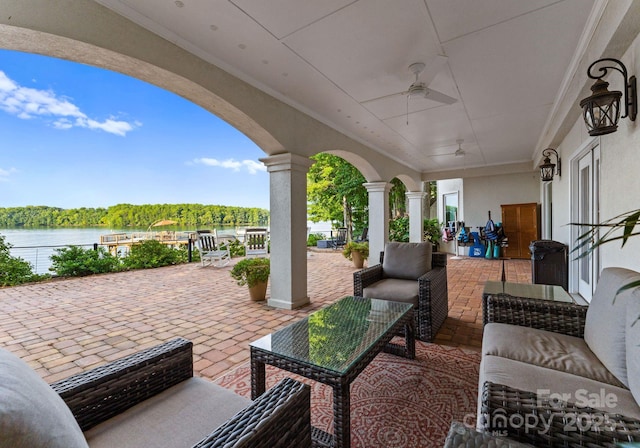 102 Stone Point Ct, Mooresville, NC 28117 - view of patio with a ceiling fan and a water view