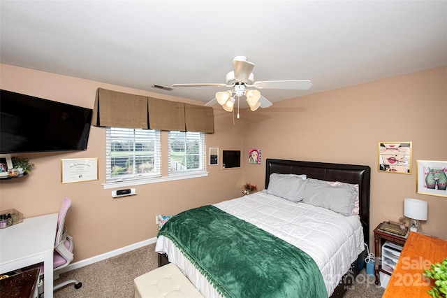 bedroom featuring carpet flooring, ceiling fan, baseboards, and visible vents