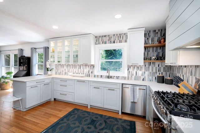 36 Brookcliff Dr, Asheville, NC 28804 - kitchen featuring a peninsula, open shelves, a sink, stainless steel appliances, and light wood-type flooring