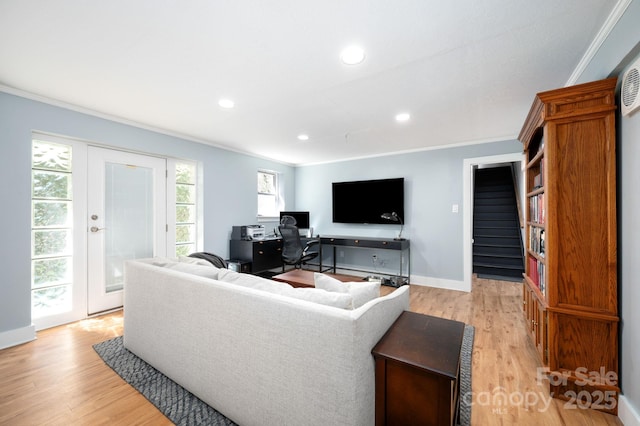 36 Brookcliff Dr, Asheville, NC 28804 - living room with recessed lighting, baseboards, light wood-style flooring, and crown molding