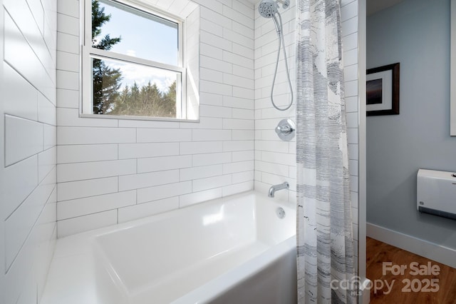 36 Brookcliff Dr, Asheville, NC 28804 - full bath featuring shower / bathtub combination with curtain, baseboards, and wood finished floors