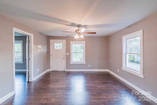 6282 Richburg Rd, Great Falls, SC 29055 - entryway with a healthy amount of sunlight, baseboards, ceiling fan, and dark wood-style flooring