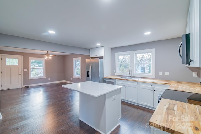 6282 Richburg Rd, Great Falls, SC 29055 - kitchen with a sink, appliances with stainless steel finishes, wood counters, a ceiling fan, and dark wood-style flooring