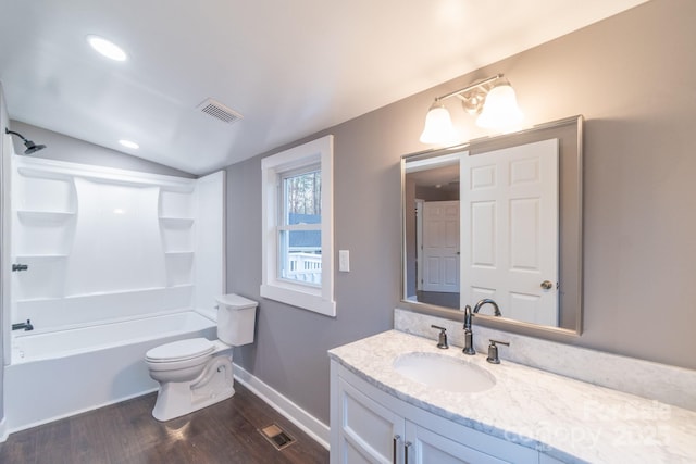 6282 Richburg Rd, Great Falls, SC 29055 - full bath with visible vents, toilet, wood finished floors, lofted ceiling, and vanity