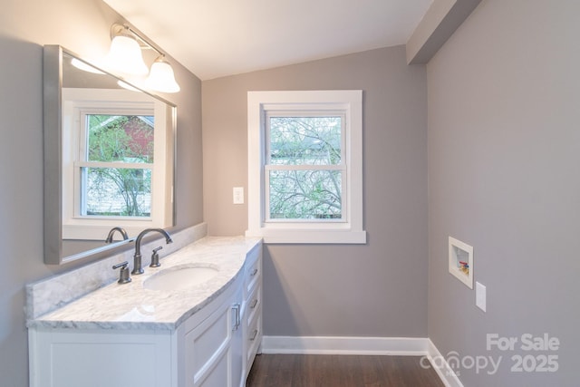 6282 Richburg Rd, Great Falls, SC 29055 - bathroom featuring baseboards, plenty of natural light, vanity, and lofted ceiling