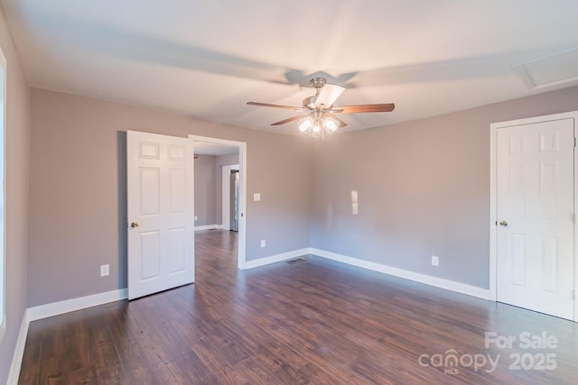 6282 Richburg Rd, Great Falls, SC 29055 - unfurnished room with visible vents, baseboards, ceiling fan, and dark wood-style flooring
