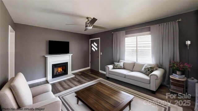 11 Season Ln, Asheville, NC 28805 - living area with a ceiling fan, a glass covered fireplace, and wood finished floors