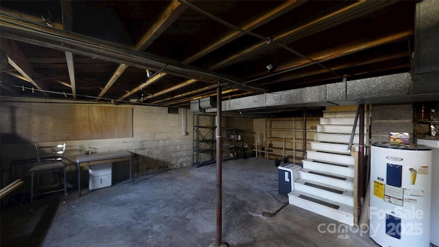 11 Season Ln, Asheville, NC 28805 - unfinished below grade area featuring electric water heater, concrete block wall, and stairs