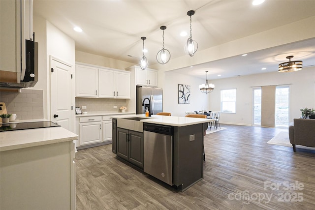 13024 Suncreek Ter, Charlotte, NC 28214 - kitchen featuring open floor plan, wood finished floors, white cabinetry, and appliances with stainless steel finishes