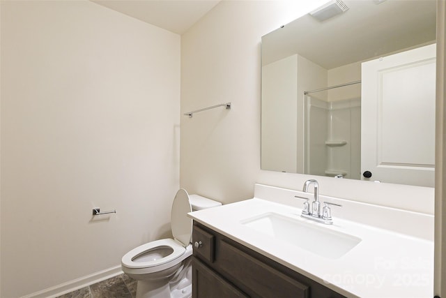 13024 Suncreek Ter, Charlotte, NC 28214 - full bathroom with vanity, marble finish floor, walk in shower, baseboards, and toilet