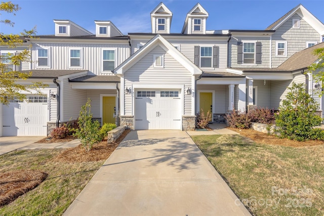 13024 Suncreek Ter, Charlotte, NC 28214 - view of front of property featuring a front lawn, driveway, stone siding, board and batten siding, and an attached garage