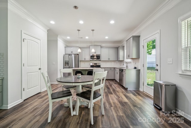 117 Cramerton Mills Parkway, Cramerton, NC 28032 - dining room with dark wood-style flooring, baseboards, recessed lighting, and ornamental molding