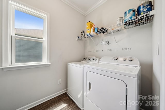 117 Cramerton Mills Parkway, Cramerton, NC 28032 - clothes washing area with laundry area, crown molding, washing machine and dryer, baseboards, and dark wood-type flooring