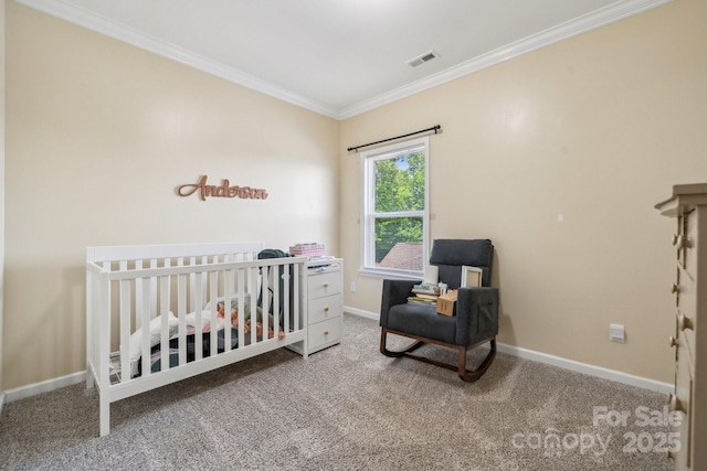 117 Cramerton Mills Parkway, Cramerton, NC 28032 - carpeted bedroom featuring visible vents, ornamental molding, baseboards, and a crib