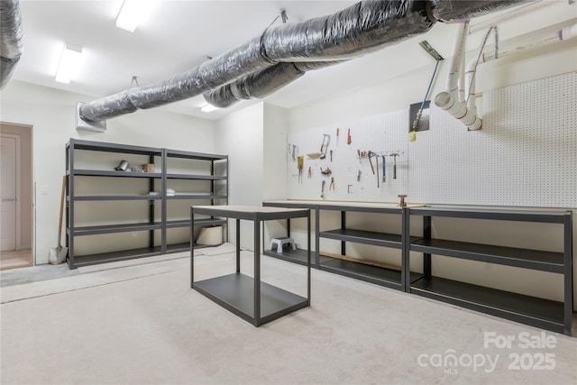 below grade area with carpet flooring and a workshop area