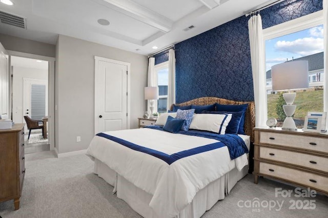 324 Basil Dr, Indian Trail, NC 28079 - bedroom featuring light carpet, wallpapered walls, beam ceiling, and recessed lighting