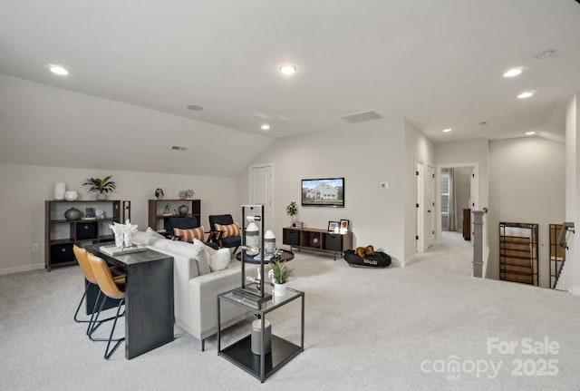 324 Basil Dr, Indian Trail, NC 28079 - living area featuring light carpet, vaulted ceiling, and recessed lighting