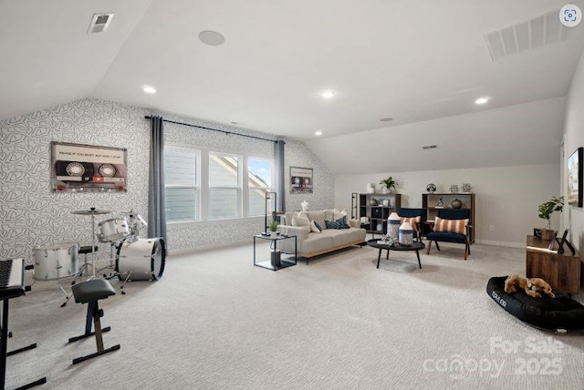 324 Basil Dr, Indian Trail, NC 28079 - carpeted living area featuring vaulted ceiling and recessed lighting
